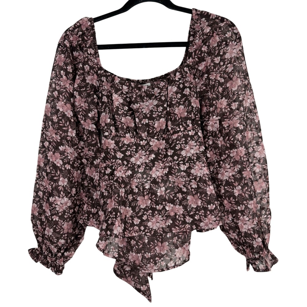 Francescas Brown Pink Floral Tie Back Balloon Sleeve Top Size‎ Small NWT $46